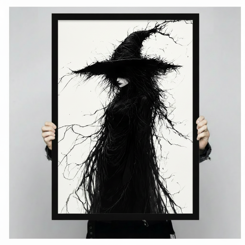 Person holding a large black framed gothic witch art print featuring a mysterious dark figure with branch-like flowing hair and a pointed hat, shown against a neutral gray background