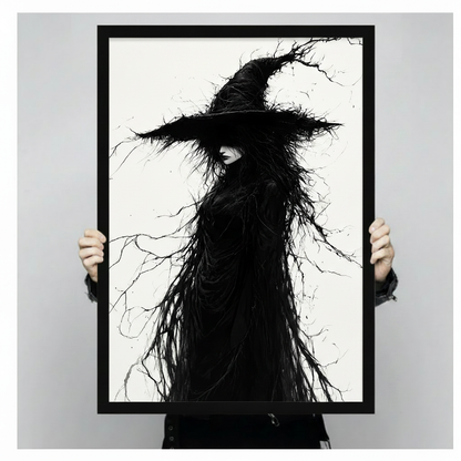 Person holding a large black framed gothic witch art print featuring a mysterious dark figure with branch-like flowing hair and a pointed hat, shown against a neutral gray background