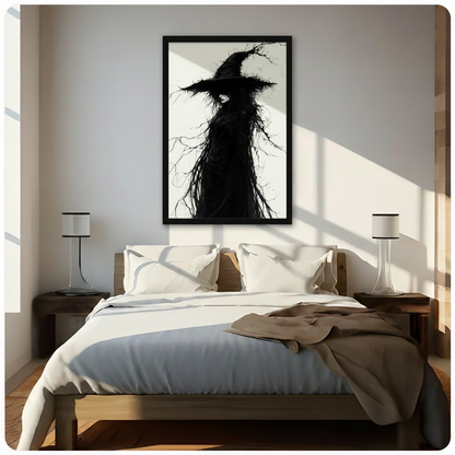 Framed black and white gothic witch wall art with dramatic tangled branch hair and wide-brimmed hat, hung above a bed in a sunlit neutral bedroom with warm wood tones and white bedding