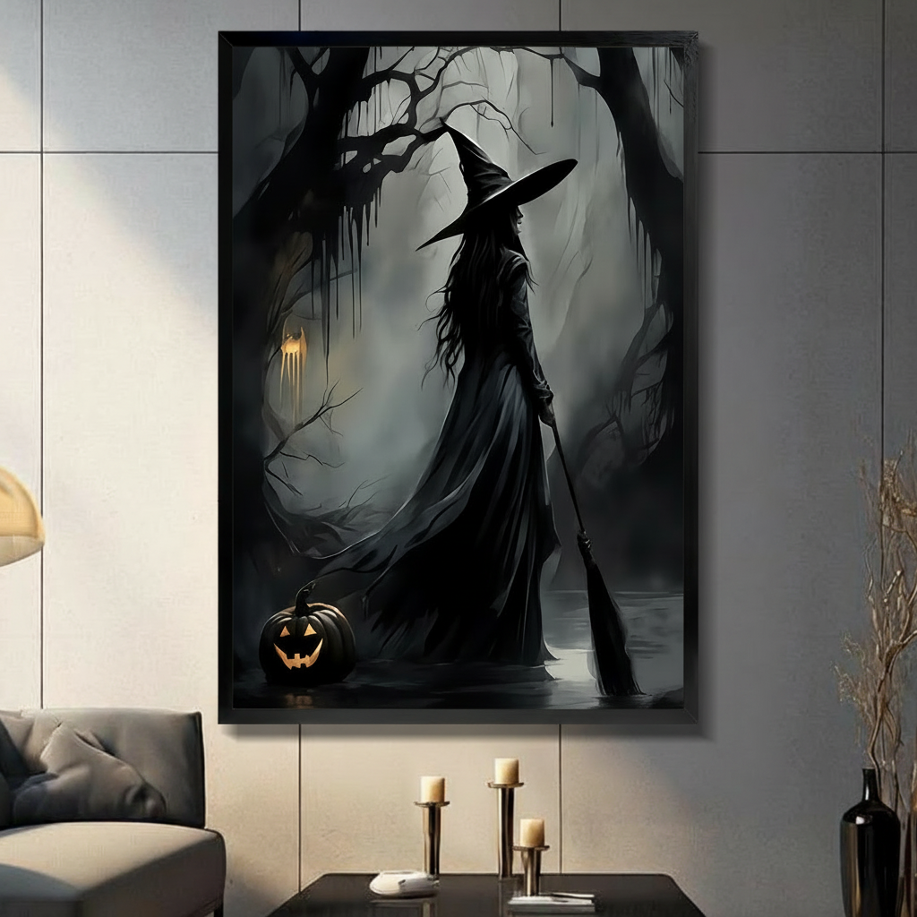 Gothic witch silhouette in dark forest with jack-o-lantern, black framed wall art print displayed in modern living room