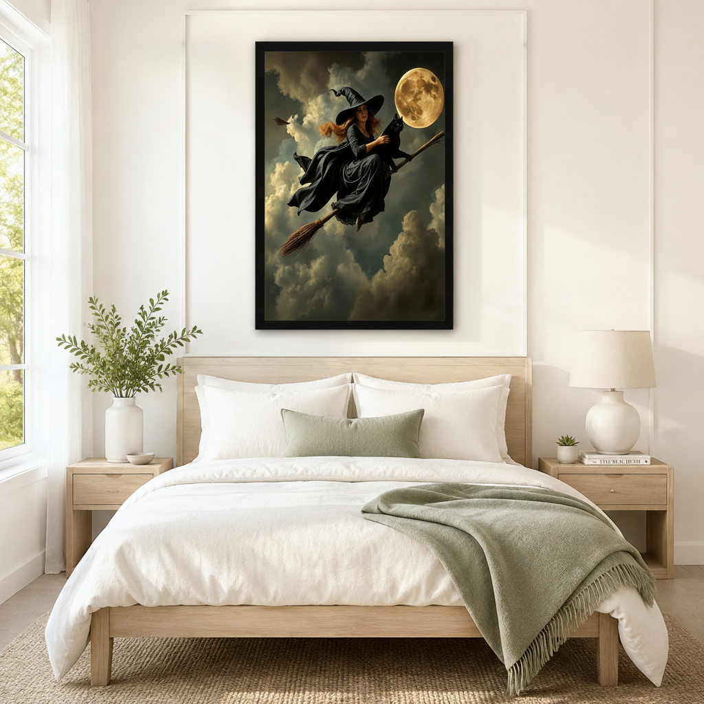 Oversized black-framed canvas of a witch in flowing black robes riding a broomstick beneath a golden full moon, mounted as a dramatic gothic statement piece above a neutral linen bed in a minimalist bedroom