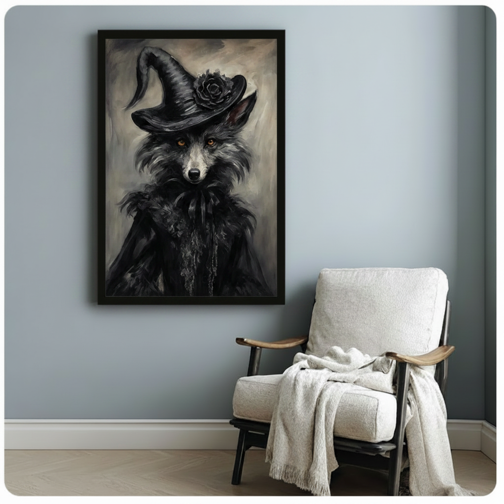 Framed gothic fox witch portrait canvas print with amber eyes and black witch hat adorned with a dark rose, hanging on a pale blue-gray wall beside a white wooden armchair with a cream throw blanket