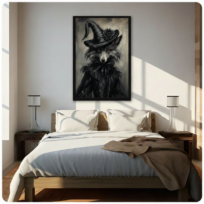 Gothic witch fox oil painting framed wall art above a modern bed with white linen bedding, dark wooden nightstands, minimalist white table lamps, and warm natural light casting dramatic shadows