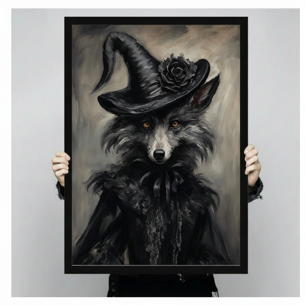 Dark academia witch fox framed canvas art held up against a light gray background, showcasing a dramatic oil painting portrait of a silver fox in a black feathered cloak and rose-adorned witch hat