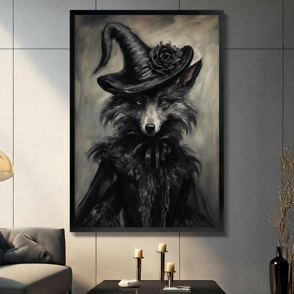 Gothic witch fox oil painting canvas wall art in a black frame, displayed in a moody living room with light gray panel walls, pillar candle holders, a dark gray sofa, and a floor lamp