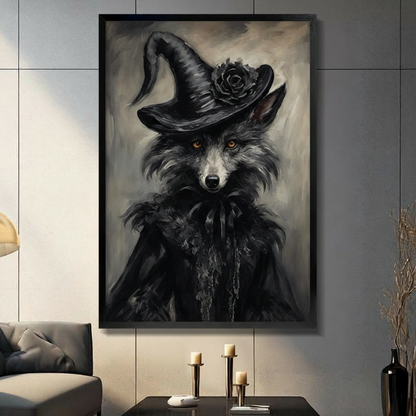 Gothic witch fox oil painting canvas wall art in a black frame, displayed in a moody living room with light gray panel walls, pillar candle holders, a dark gray sofa, and a floor lamp