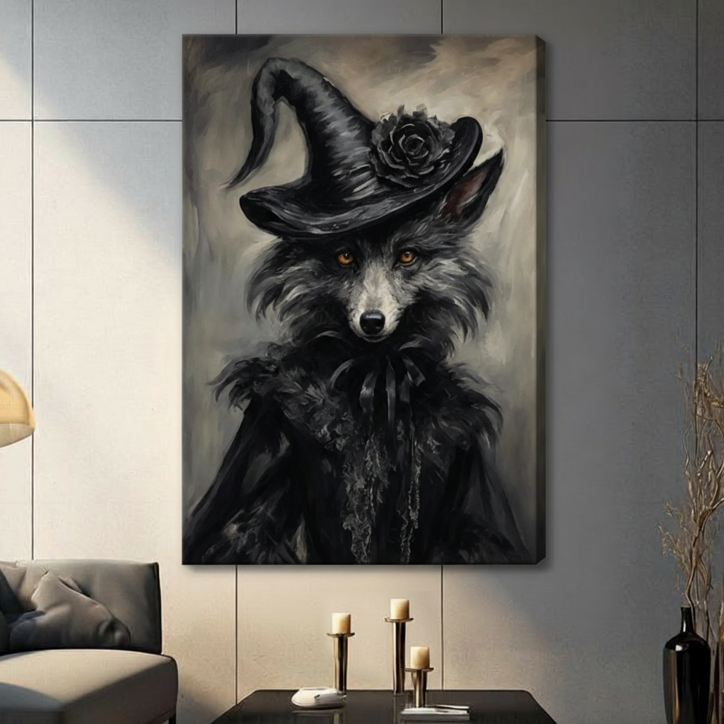 Gallery-wrapped dark academia fox witch canvas art with black rose hat and feathered cloak, hung unframed on a gray panel wall in a contemporary living room with candle holders and a charcoal sofa