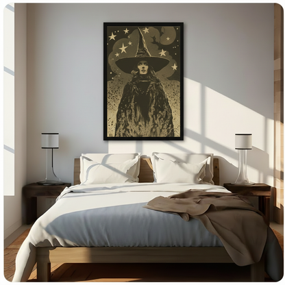 Gothic witch portrait framed print hung above bed in sunlit minimalist bedroom, moody wall art decor