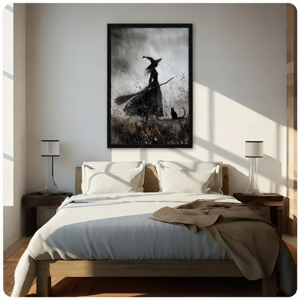 Gothic witch canvas art in black frame above wooden bed headboard — dark atmospheric bedroom wall decor for gothic home interior