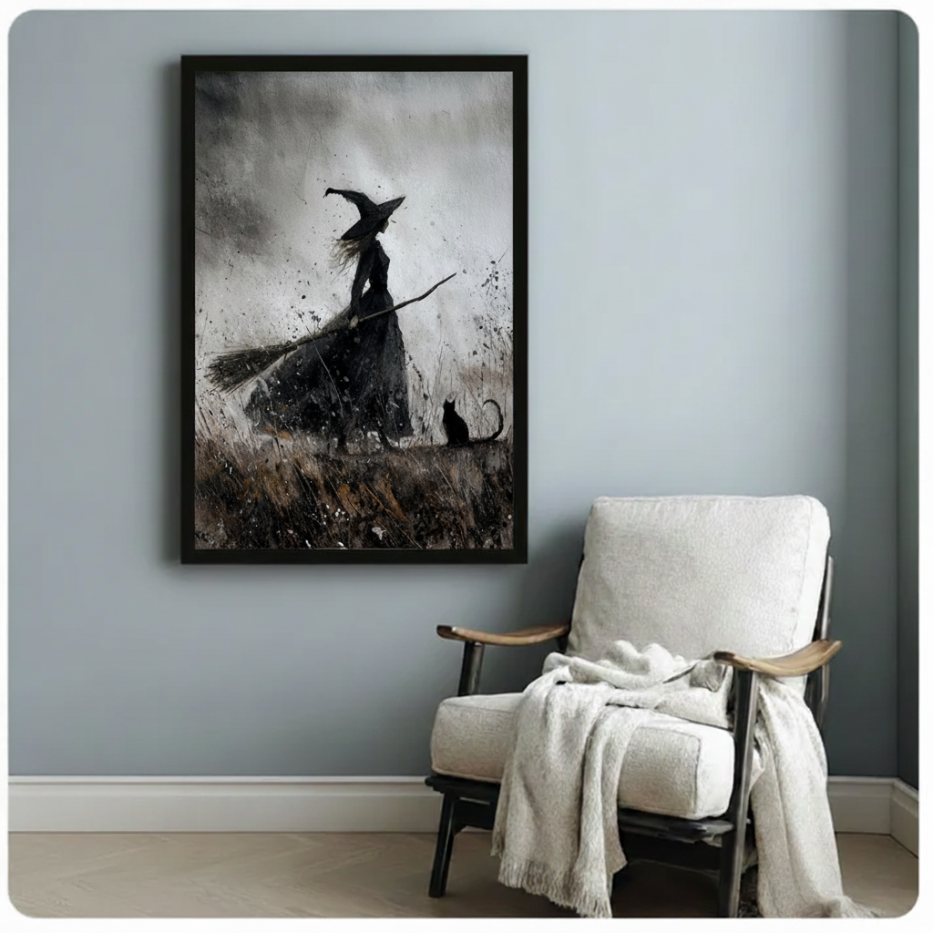 Black framed witch and black cat canvas print on blue-gray wall above white armchair — dark gothic wall art for Scandinavian interior