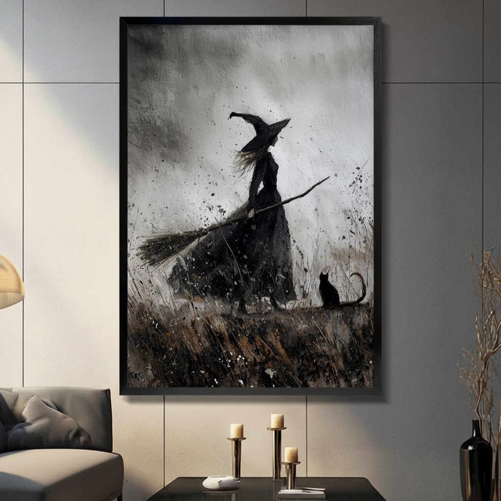 Gothic witch and black cat framed canvas art on dark gray tile wall — moody ink wash wall decor for living room