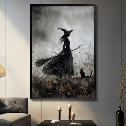 Gothic witch and black cat framed canvas art on dark gray tile wall — moody ink wash wall decor for living room