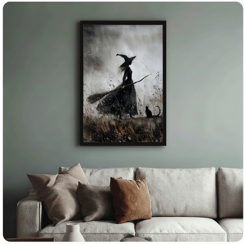 Gothic witch ink wash framed canvas art on sage green wall above linen sofa — atmospheric dark wall decor for eclectic living room