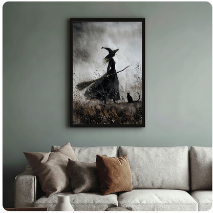 Gothic witch ink wash framed canvas art on sage green wall above linen sofa — atmospheric dark wall decor for eclectic living room