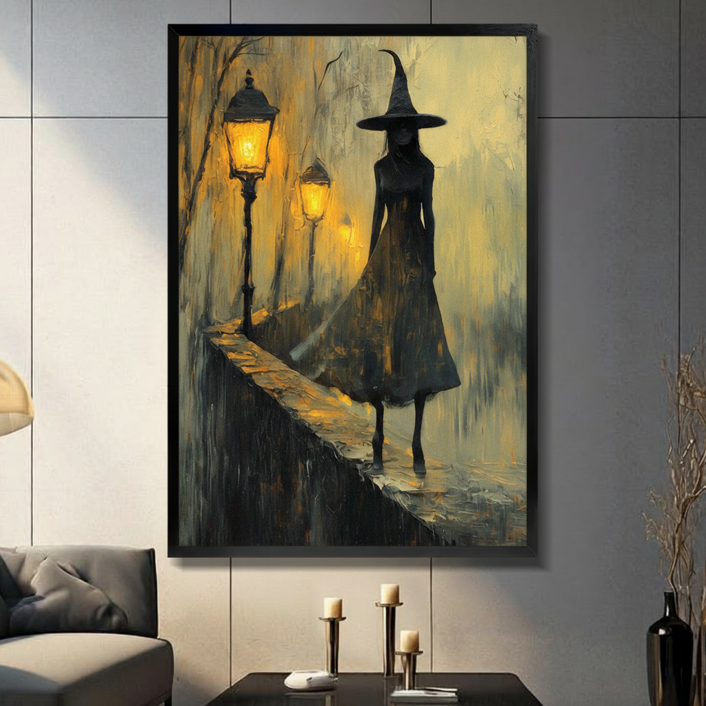 Gothic witch silhouette on stone bridge with amber glowing street lamps, dark fantasy impasto canvas wall art in black float frame on gray tile wall above console table with candle holders in modern American living room