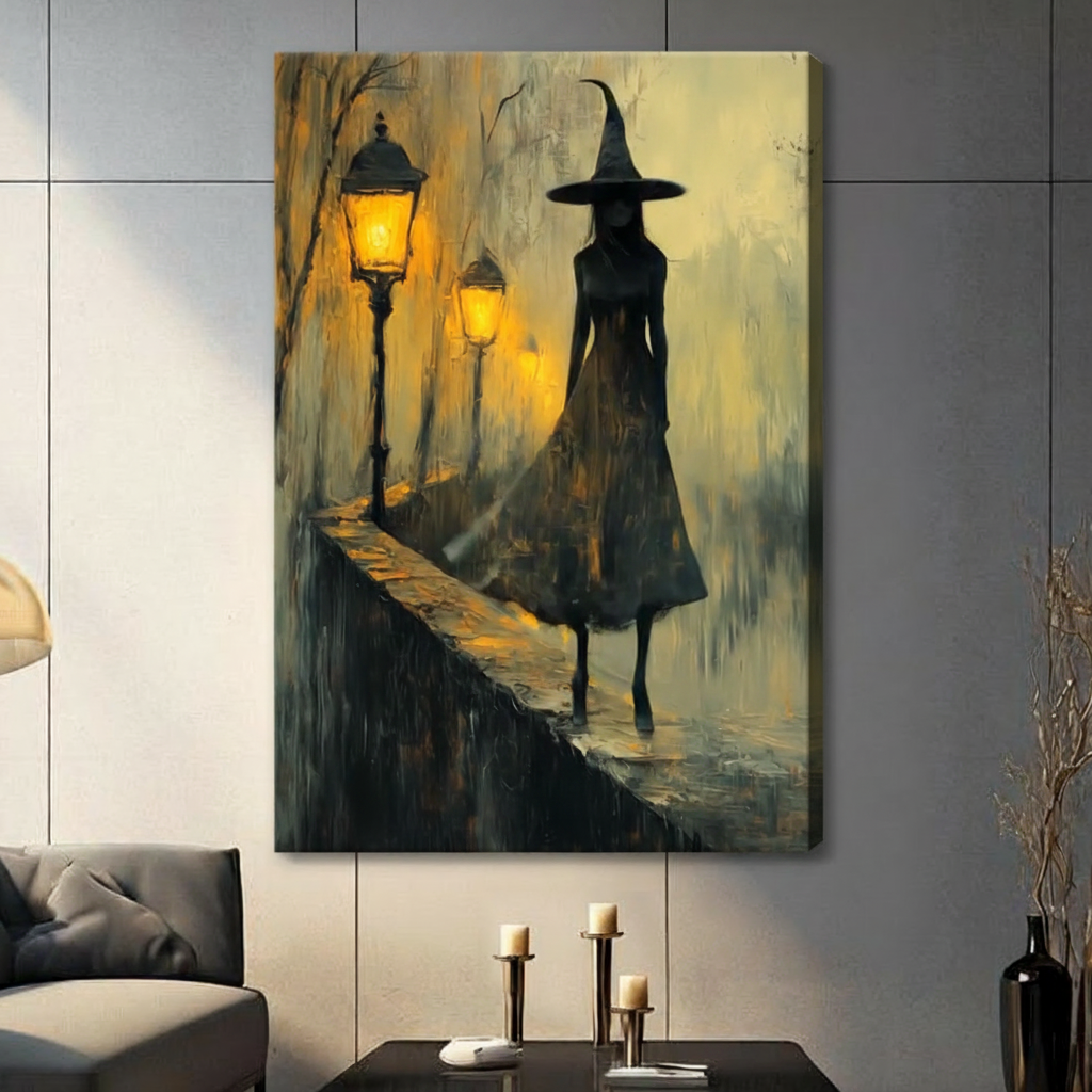 Gothic witch street lamp rainy night scene impasto gallery wrap stretched canvas without frame on gray tile wall above console table with candle holders and candles in moody American living room