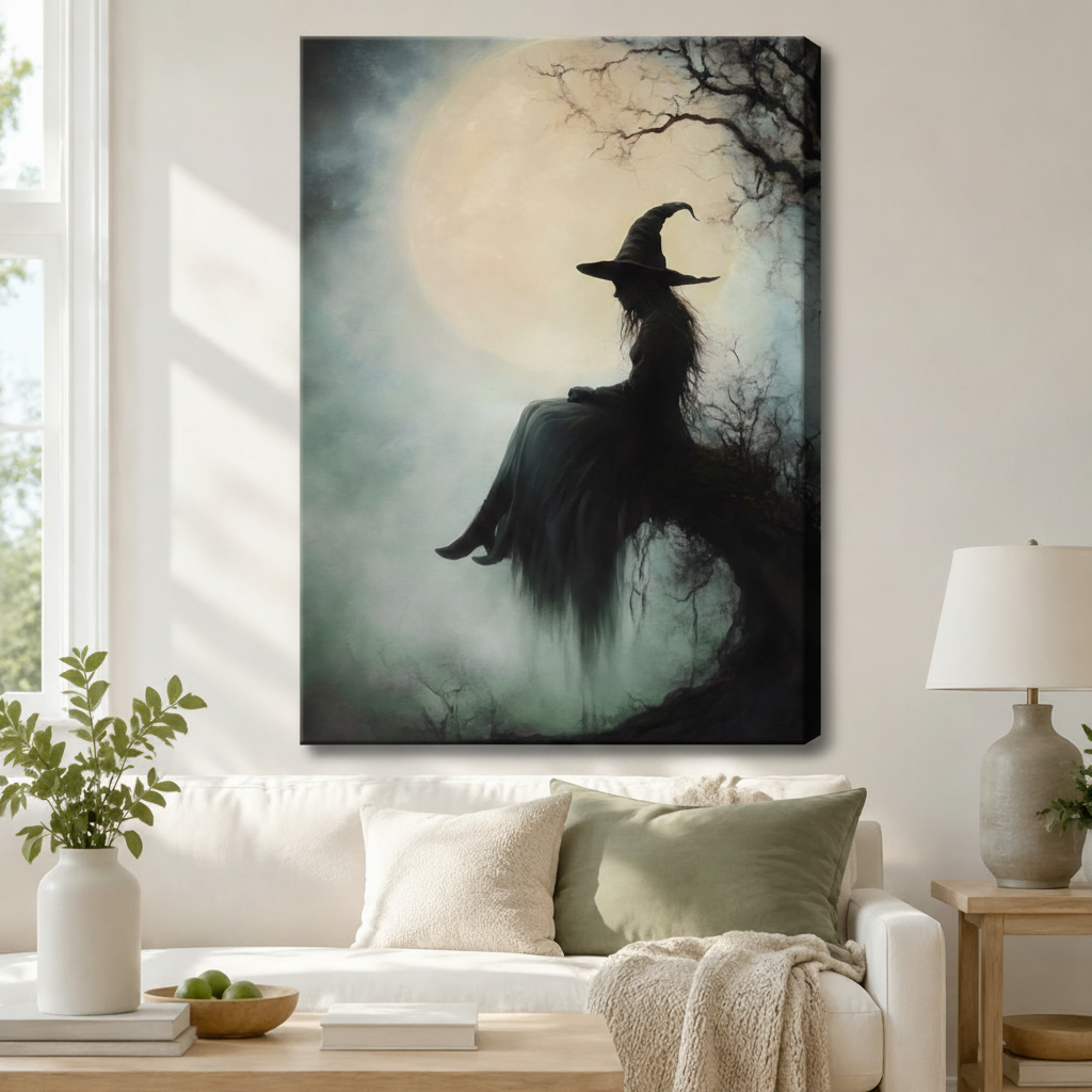 Gallery wrapped canvas of moody gothic witch in pointed hat full moon and bare branches atmospheric painting above white sofa in bright living room