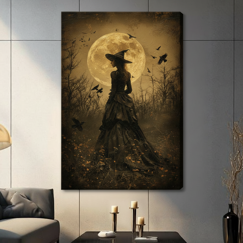 Atmospheric gothic canvas art of a solitary witch silhouetted against a large luminous golden full moon her dark layered Victorian skirt trailing across a wild overgrown forest floor surrounded by skeletal bare branches and black ravens taking flight against a warm sepia amber sky with aged crackled texture moody dark fantasy witch art stretched canvas print hanging in a contemporary living room with dark gray tiled wall