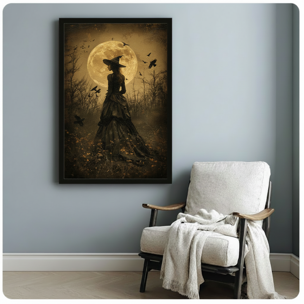 Haunting dark academia oil painting of a witch in a flowing black tiered Victorian dress and tall pointed witch hat standing in a misty barren woodland with a glowing amber full moon rising directly behind her casting a golden halo silhouette effect while black ravens circle and scatter through the warm dark sky vintage aged texture gothic fantasy art framed poster displayed beside a white fabric lounge chair with draped throw blanket against a soft blue-gray wall