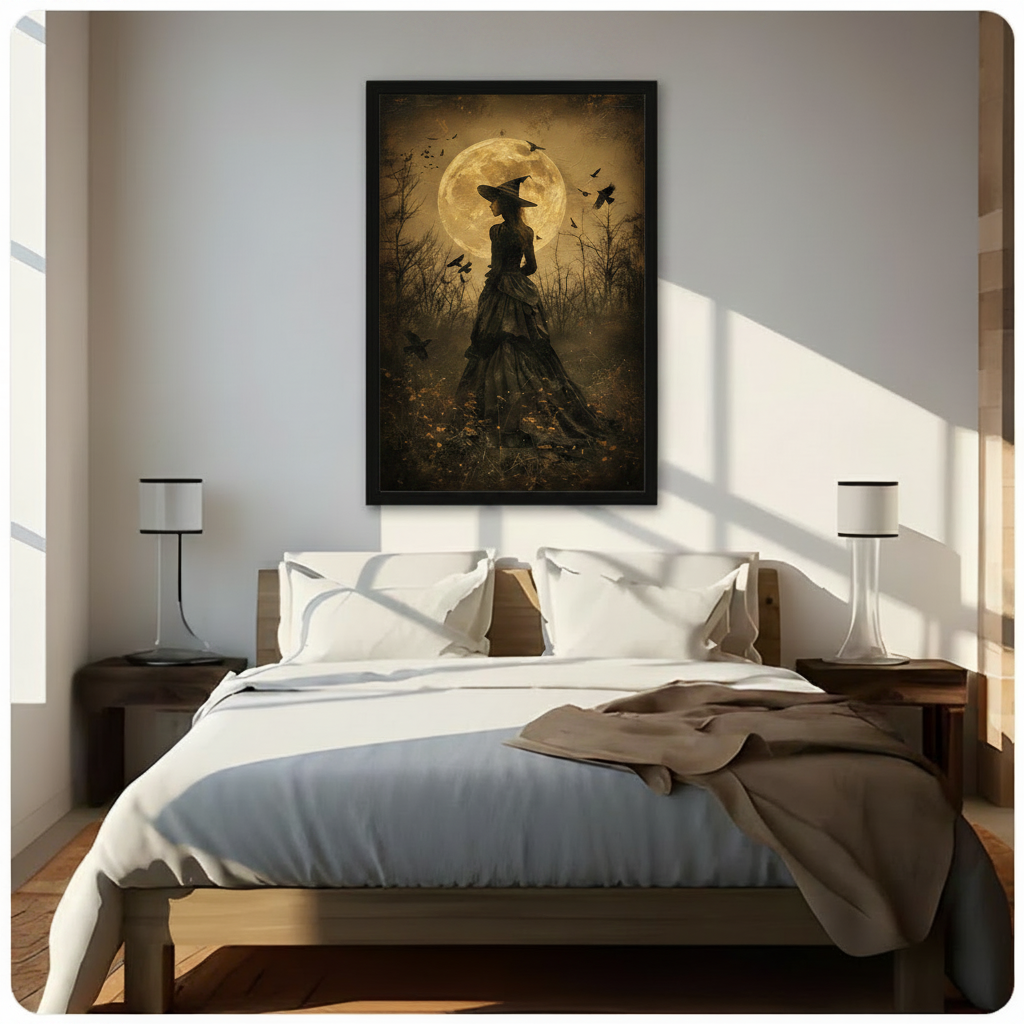 Moody gothic oil painting art print of a lone witch in a dramatic black Victorian layered skirt and tall pointed witch hat standing back-facing in a wild barren landscape with twisted bare trees a glowing golden full moon halo behind her and black ravens scattered across the warm amber night sky aged vintage texture dark academia halloween witch wall art framed print hanging above a modern bedroom bed with white linen bedding, dark wood nightstands, and minimalist white table lamps