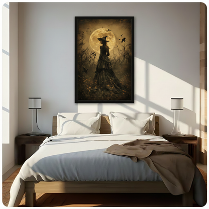 Moody gothic oil painting art print of a lone witch in a dramatic black Victorian layered skirt and tall pointed witch hat standing back-facing in a wild barren landscape with twisted bare trees a glowing golden full moon halo behind her and black ravens scattered across the warm amber night sky aged vintage texture dark academia halloween witch wall art framed print hanging above a modern bedroom bed with white linen bedding, dark wood nightstands, and minimalist white table lamps