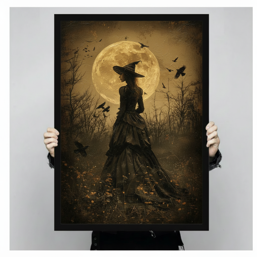 Dramatic gothic art print of a mysterious witch viewed from behind wearing a sweeping dark layered Victorian gown and wide pointed hat standing in a dead winter forest with a massive glowing golden moon behind her silhouette and black ravens in flight across a deep amber sepia sky with aged crackled oil painting texture dark fantasy witch wall art framed print held up for size reference against a light gray neutral background