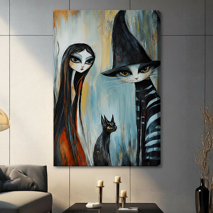 Unframed stretched canvas print of a pale gothic girl with long dark hair beside a giant striped wizard cat wearing a black witch hat and a small black kitten in dark fantasy oil painting style