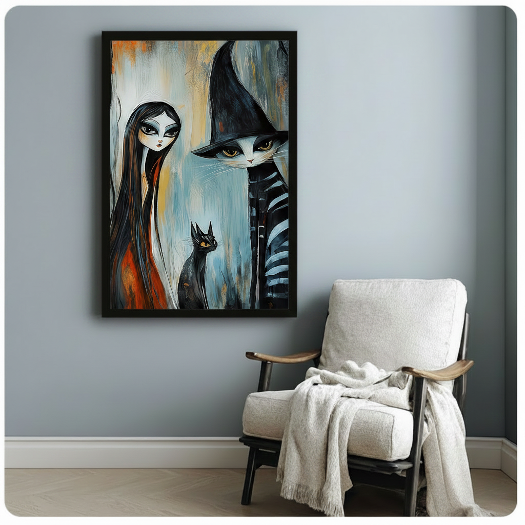 Black framed dark fantasy witch girl and wizard cat canvas art print with expressive oil painting texture in teal blue orange and black tones on a light blue-grey wall beside a white linen armchair with draped throw