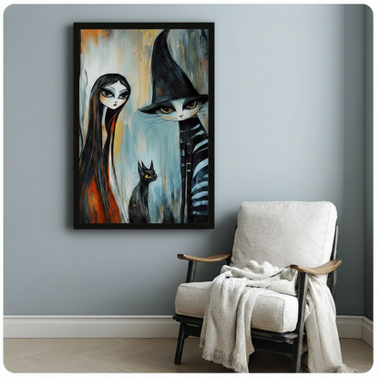 Black framed dark fantasy witch girl and wizard cat canvas art print with expressive oil painting texture in teal blue orange and black tones on a light blue-grey wall beside a white linen armchair with draped throw
