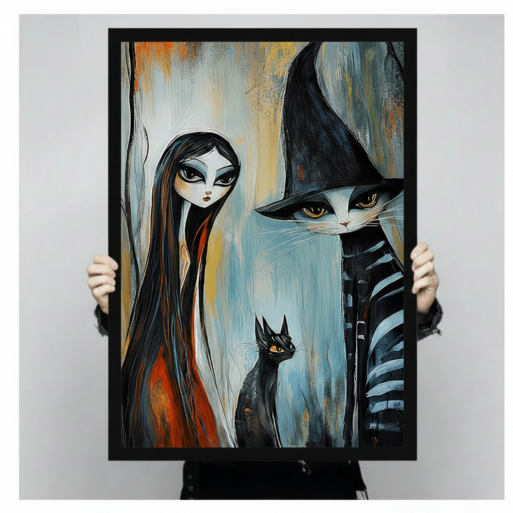 Person holding a large black framed gothic witch girl and giant wizard cat canvas art print showing print size scale and expressive dark fantasy oil painting detail with blue-grey brushstroke background