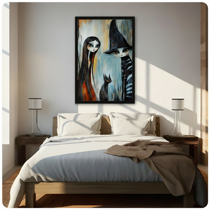 Framed gothic dark fantasy witch girl with long black hair and giant striped wizard cat in black witch hat canvas wall art in expressive oil painting style hung above a wooden bed with white bedding in a sunlit bedroom