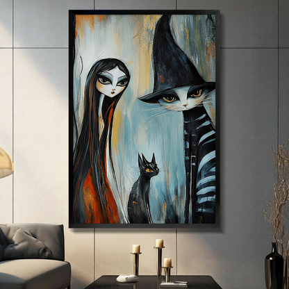 Framed gothic witch girl and giant wizard cat with black kitten canvas wall art in dark fantasy oil painting style with blue-grey brushstroke background displayed on a dark grey wall in a modern living room