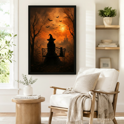 Gothic halloween framed wall art showing a witch silhouette with pointed hat and cat on a wrought iron bench facing a distant dark castle, styled in a cozy reading nook with an armchair