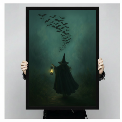 Close-up of framed gothic witch canvas print being held by hands, showing dark teal atmospheric artwork with bats and glowing lantern detail