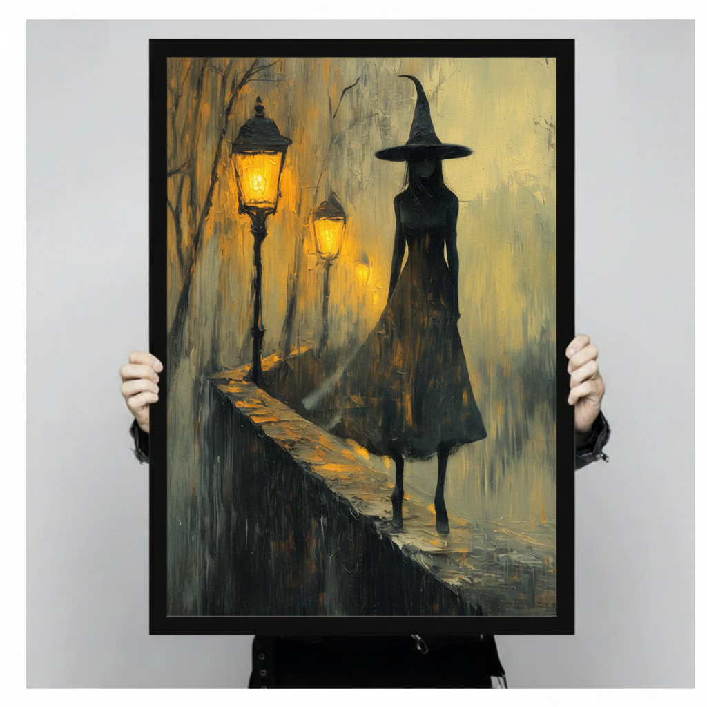 Person holding large framed canvas print of gothic witch silhouette walking stone bridge with glowing vintage street lamps in rainy amber night, moody impasto dark fantasy portrait against neutral gray background showing artwork scale