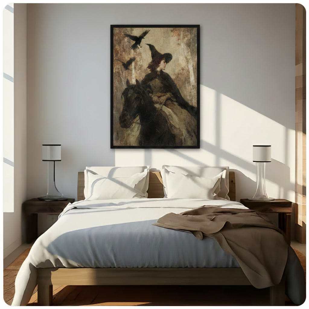 Gothic witch riding black horse with ravens dark fantasy framed canvas art in black float frame above wooden bed with white bedding in sunlit bedroom