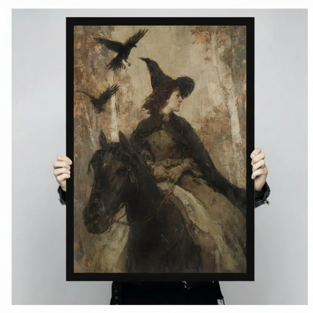 Gothic witch on horseback with ravens antique oil painting style in black float frame held by person against light gray background