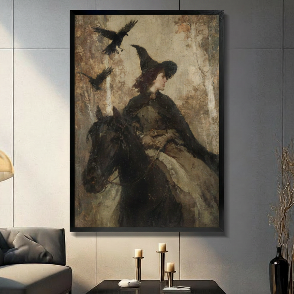 Gothic witch riding black horse with three ravens black float frame canvas wall art on dark gray tile wall above console table with candles and black vase