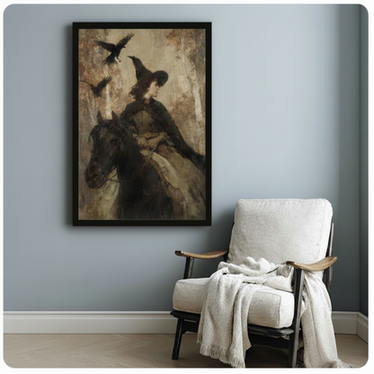 Gothic witch on horseback with ravens dark fantasy framed canvas art in black float frame on blue-gray wall beside white armchair with knit throw