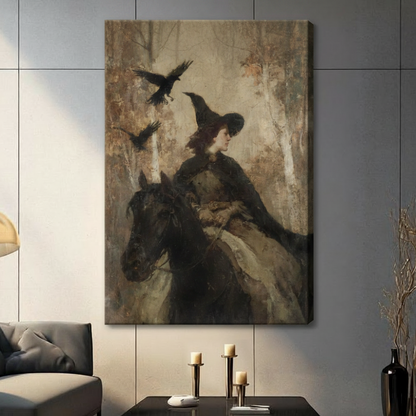 Gothic witch riding black horse with ravens stretched gallery wrap canvas on dark gray tile wall above console table with candles and black vase