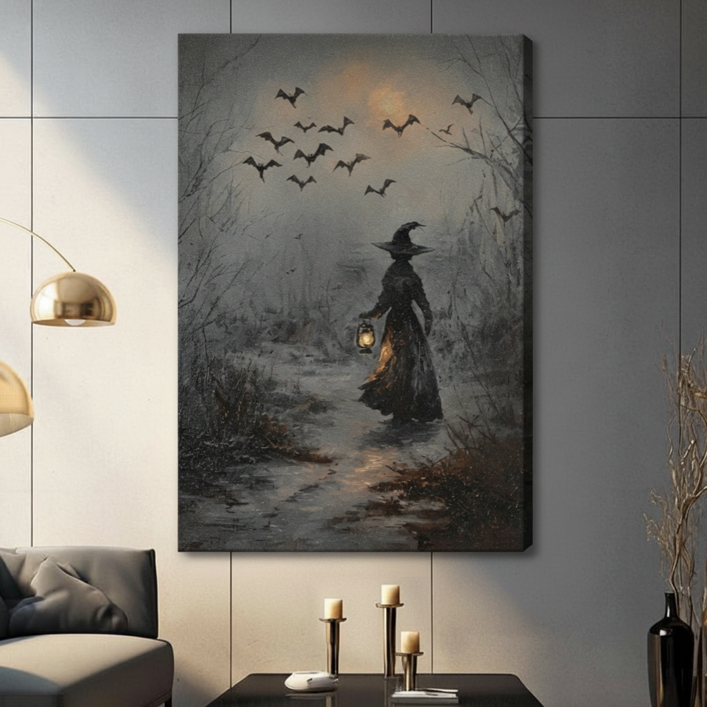 Dark academia witch lantern forest canvas wall art print hanging in a living room with a gold arc floor lamp and pillar candle holders