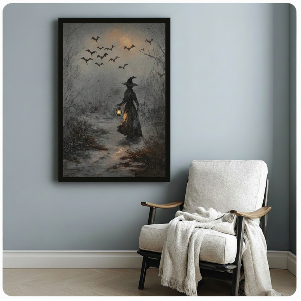 Moody gothic witch and bats forest framed art poster above a white linen accent chair against a soft blue-gray wall