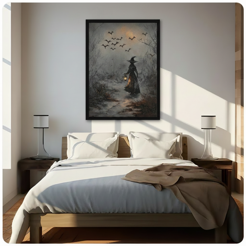 Gothic witch lantern dark forest framed art print hanging above a modern bedroom bed with white linen bedding, dark wood nightstands, and minimalist table lamps