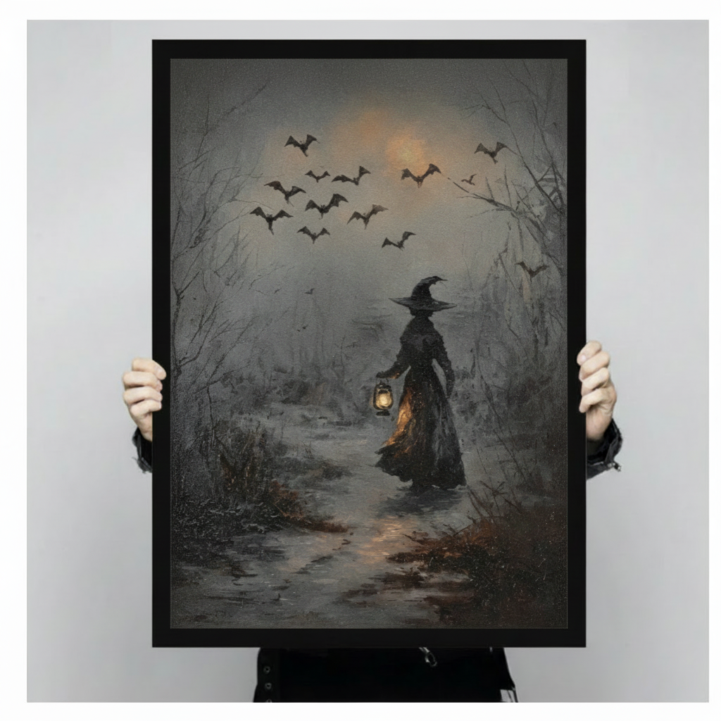 Dark forest witch with glowing lantern and flying bats framed wall art print held up against a light gray neutral background