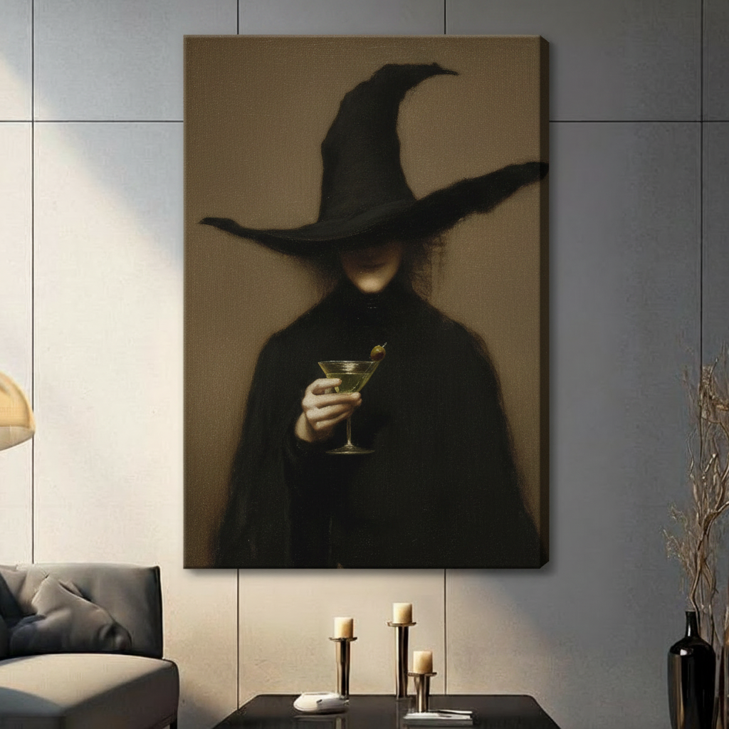 Mysterious witch with martini antique-style canvas print, gallery wrapped, hung in contemporary living room with grey accent wall