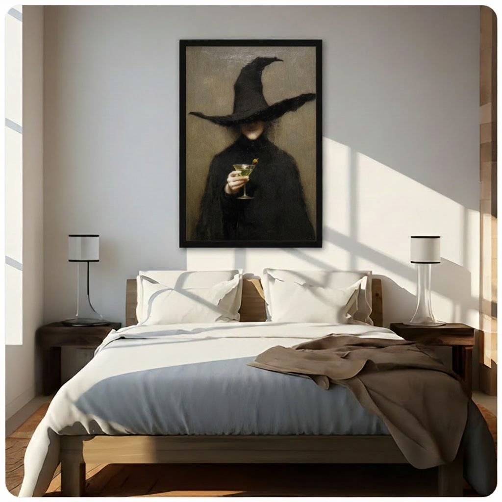 Mysterious gothic witch holding martini vintage oil painting in black frame above bed, styled in bright minimalist bedroom as dark aesthetic canvas wall art