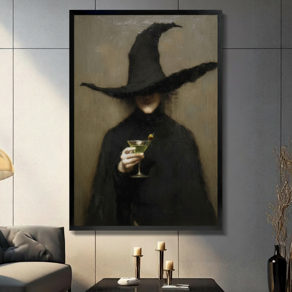 Gothic witch holding martini glass vintage oil painting canvas wall art in black frame, displayed in moody living room with dark tile wall and candlesticks