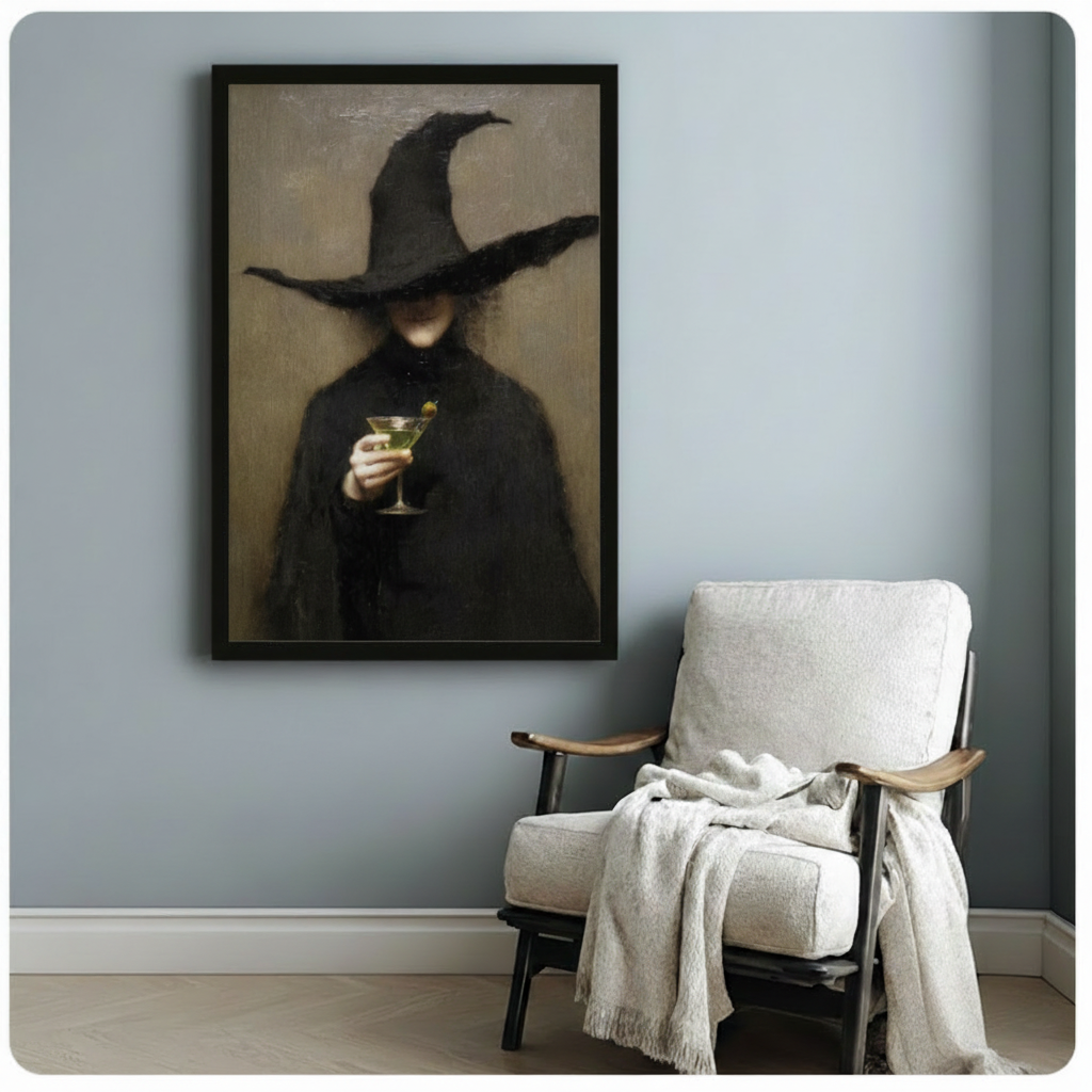 Dark gothic witch martini canvas wall art in black frame beside cozy linen armchair, moody vintage portrait print for eclectic home decor