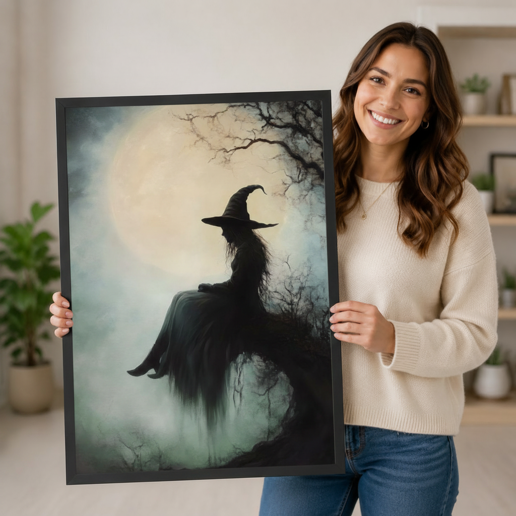 Smiling woman holding large black framed gothic witch full moon misty forest painting print showing artwork size and scale