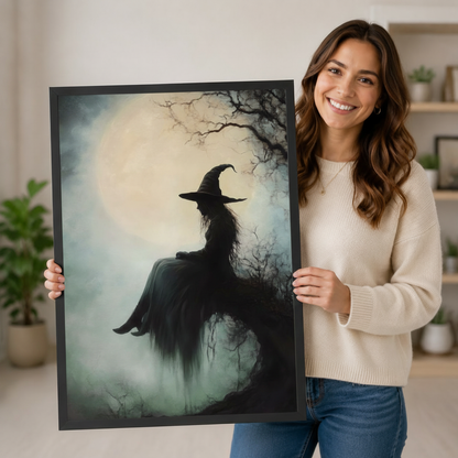 Smiling woman holding large black framed gothic witch full moon misty forest painting print showing artwork size and scale